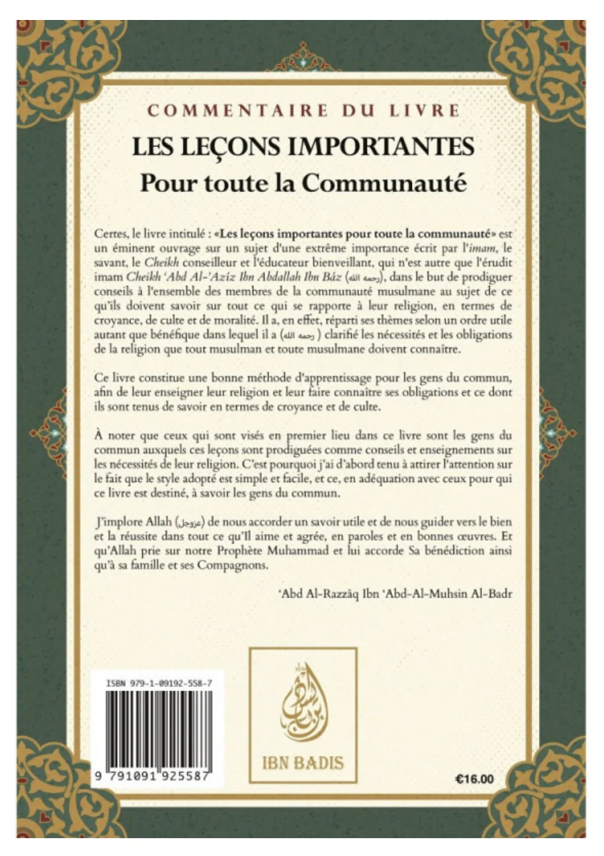 Commentaire Du Livre Les Leçons Importantes Pour Toute La Communauté, D'Ibn Baz, Commenté Par Abd Ar-Razzaq Al-BADR - IBN BADIS - Image 2