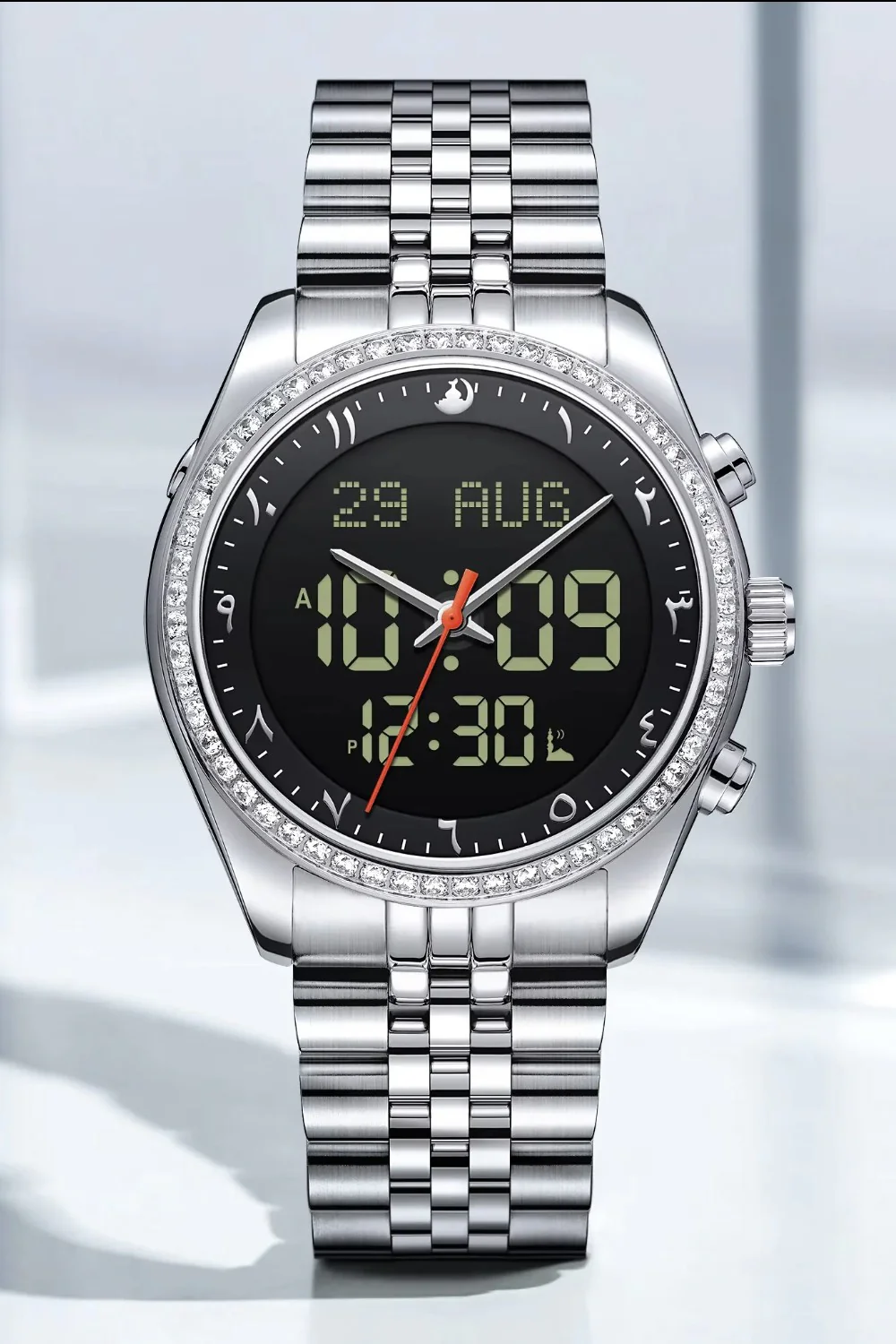 Montre de luxe originale Saphir AL-HARAMEEN HA-6109 Montre horaires Azan numérique étanche, Montre poignet en acier inoxydable - Image 3